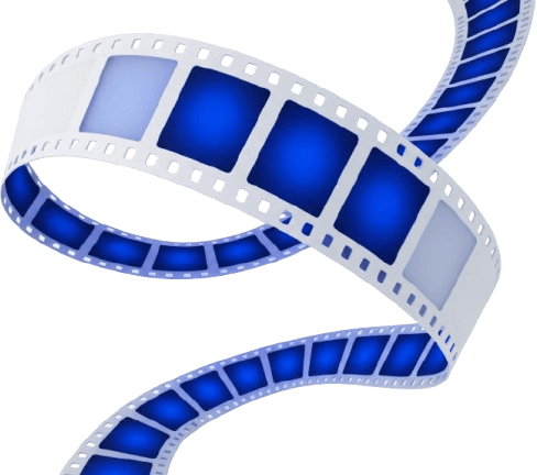 A blue film strip curling through the frame